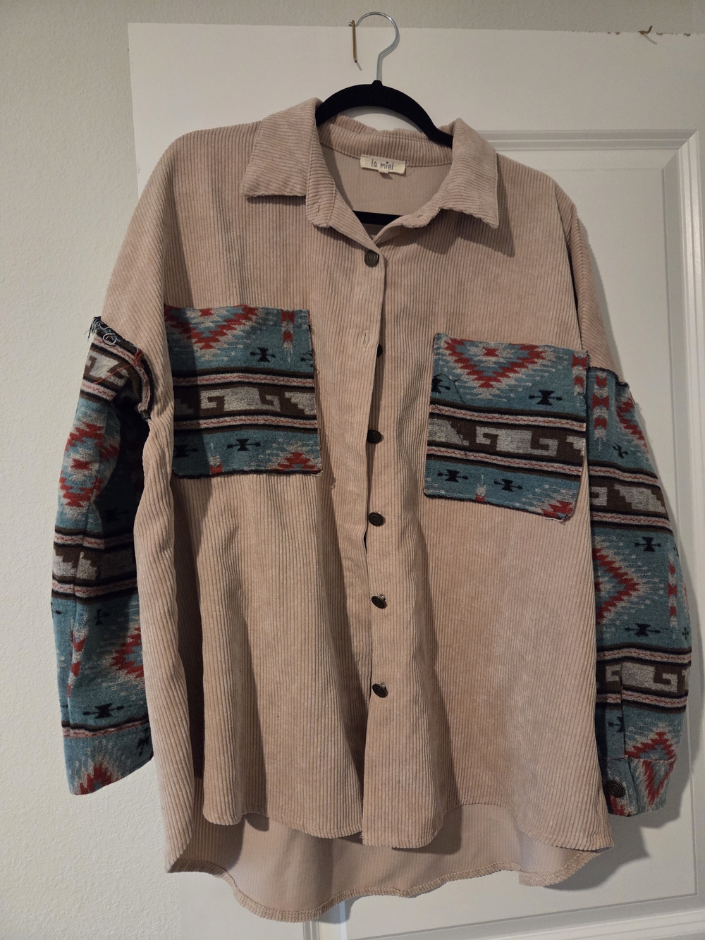 Tan Oversized Corduroy Shacket with Turquoise Aztec Panels